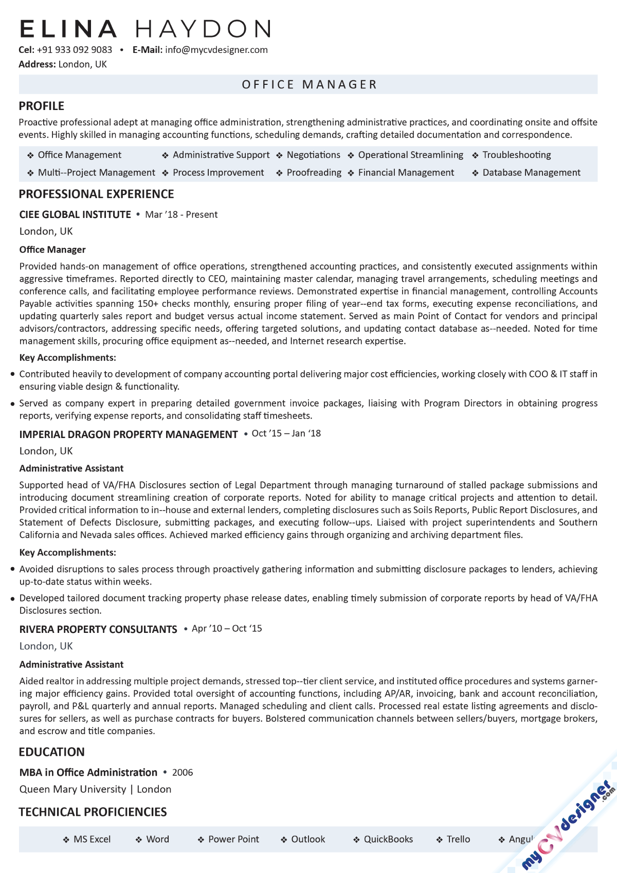 Office Manager Text Resume Sample