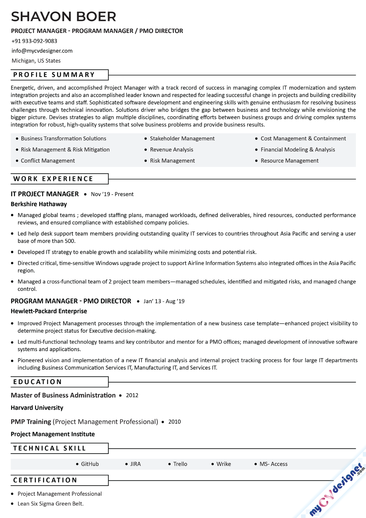 Project Manager Program Manager Text Resume Example