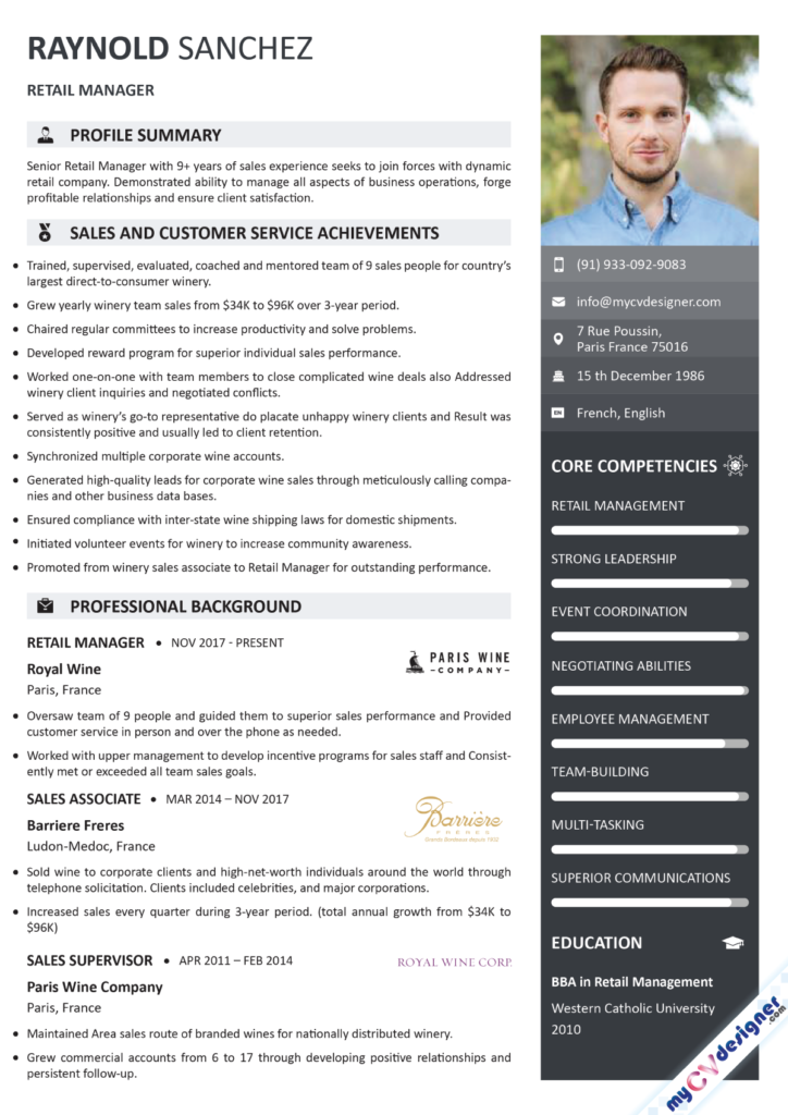 Best Retail Manager Resume Samples My CV Designer